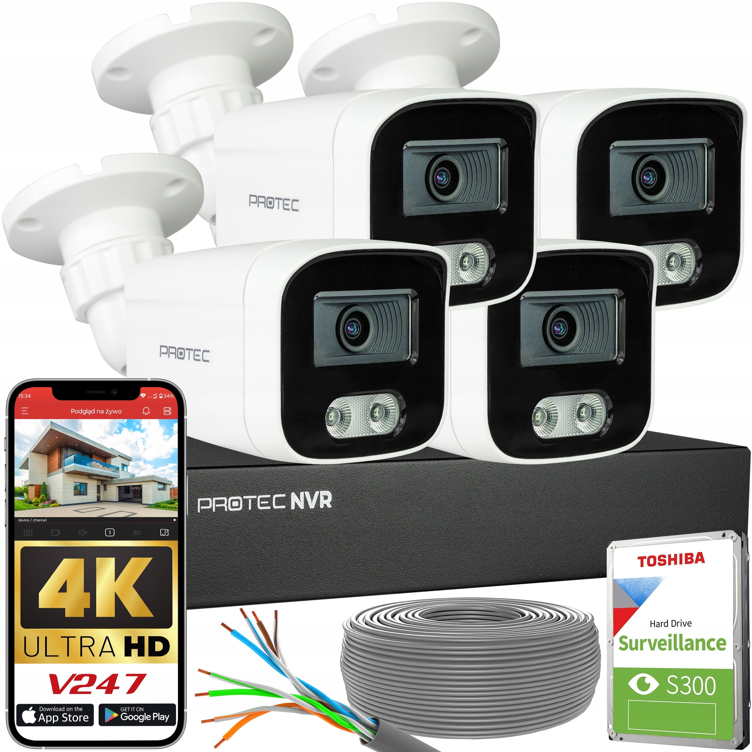 4K Home Monitoring Set of 4 IP PoE Cameras Outdoor Microphone Night IR