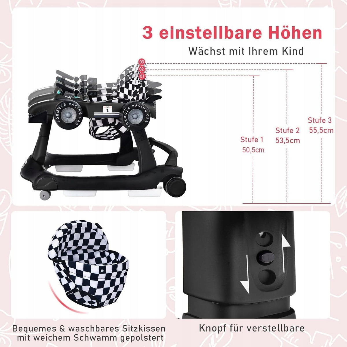 4in1 Height Adjustable Baby Walker Folding Car Black Brand Costway