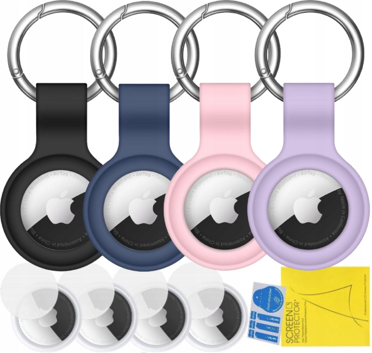 4x CASE FOR APPLE AIRTAG 1/2 LOCATOR KEYCHAIN + HYDROGEL FILMS