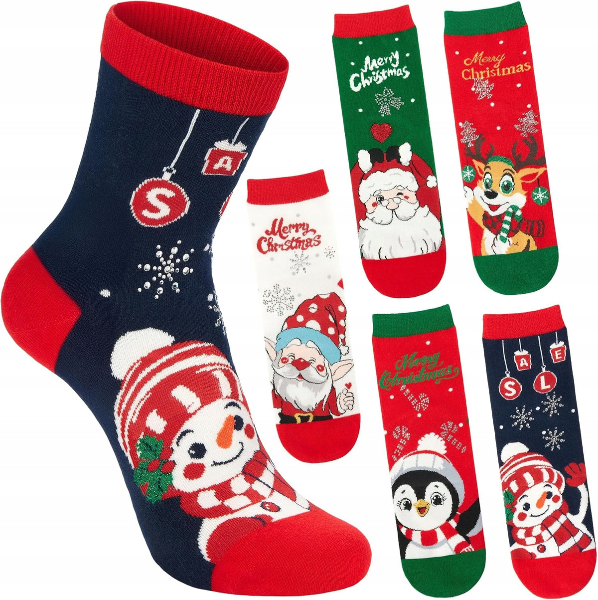 5 PAIRS OF WOMEN'S CHRISTMAS SOCKS COTTON PENGUIN SANTA CLAUS
