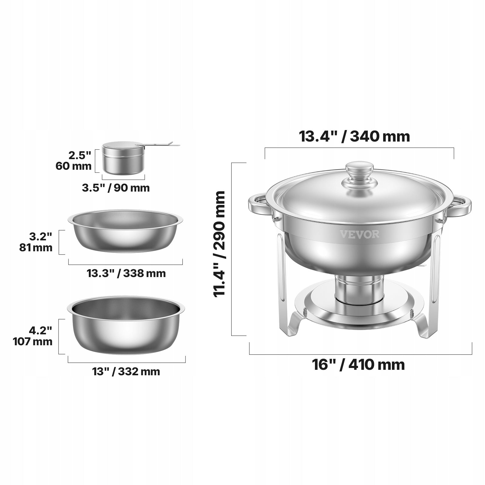 5 Qt 2 Pack Round Chafing Dish Buffet Set Full-Size Pan Stainless Steel Brand Vevor