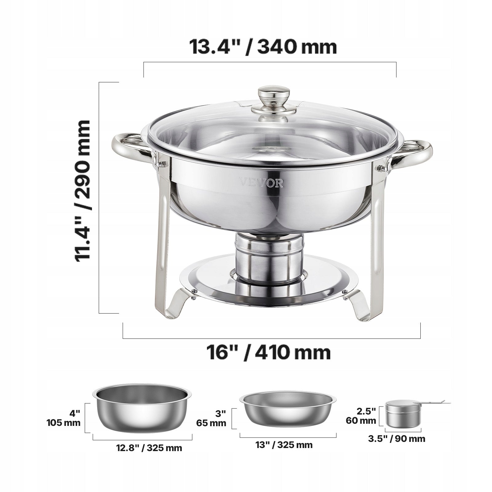 5 Qt 4 Pack Round Chafing Dish Buffet Set Full-Size Pan Stainless Steel Brand Vevor