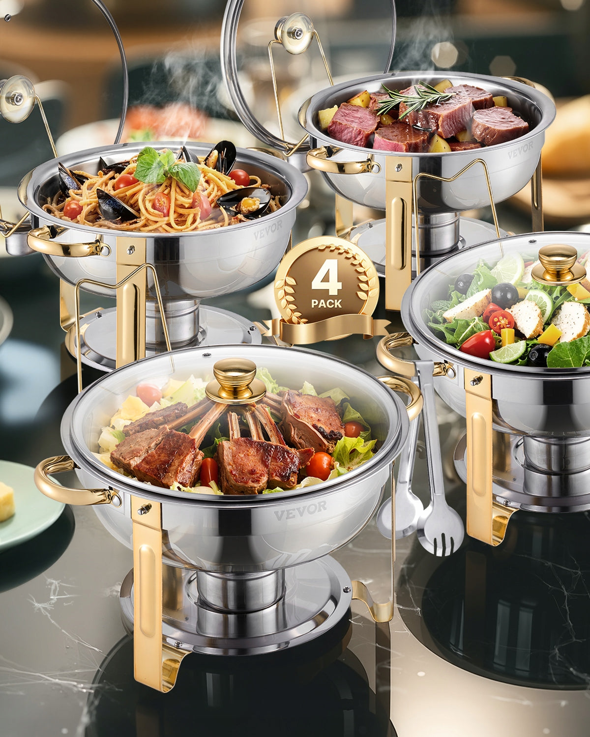 5 Qt 4 Pack Round Chafing Dish Buffet Set Full-Size Pan Stainless Steel