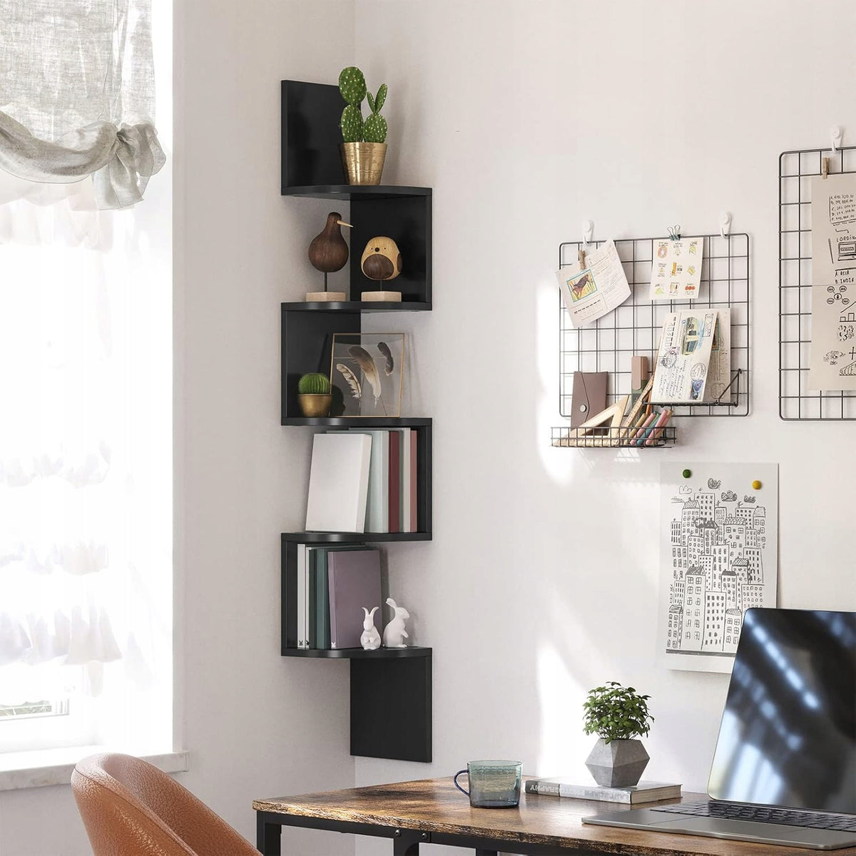 5-TIER WALL SHELVING UNIT, CORNER SHELVING UNIT, FLOATING CORNER SHELF, BLACK Manufacturer code wiszący regał narożny