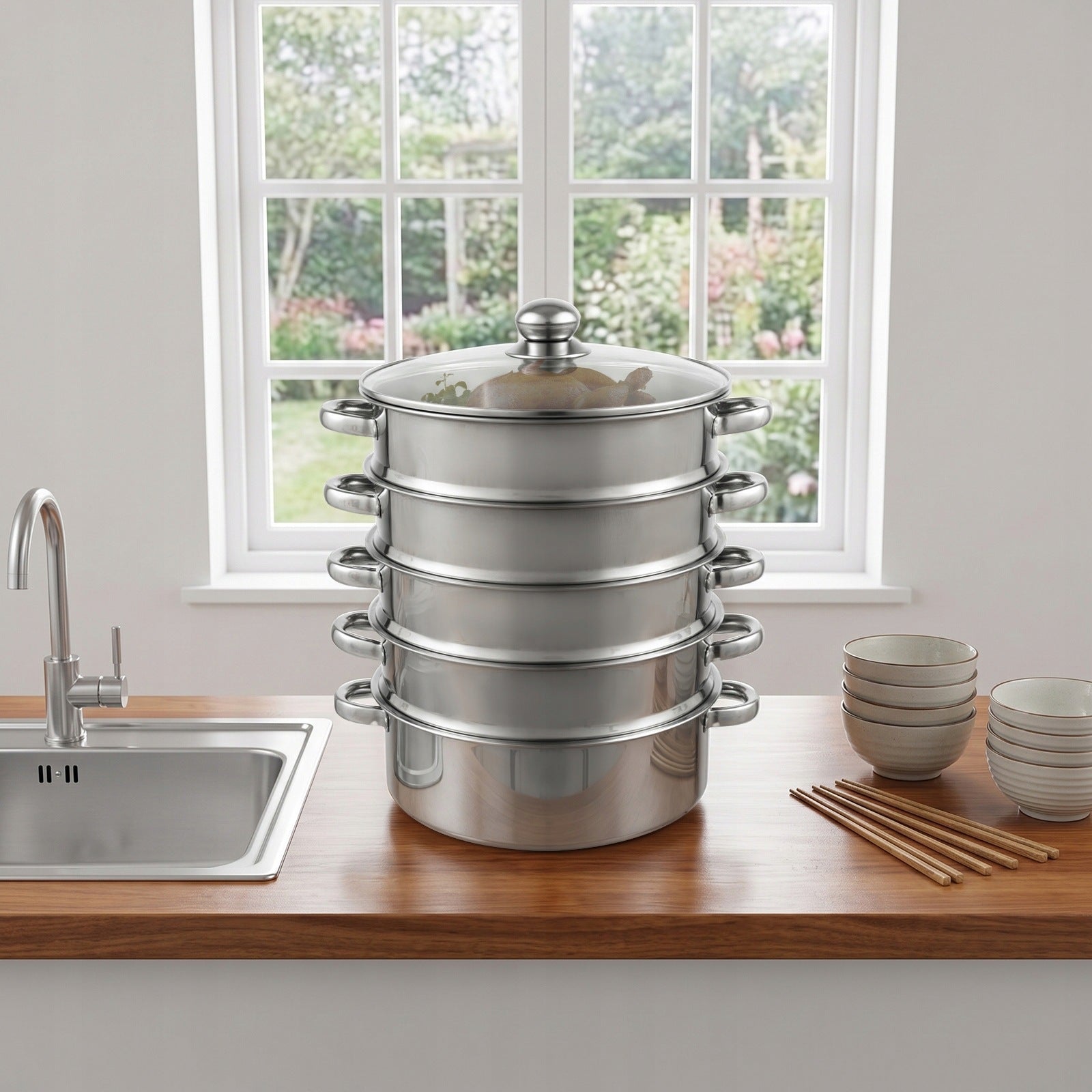 5-Tier Stainless Steel Steamer, Stackable 3-Tier Pot Healthy Cooker 28*40CM Packaging status original