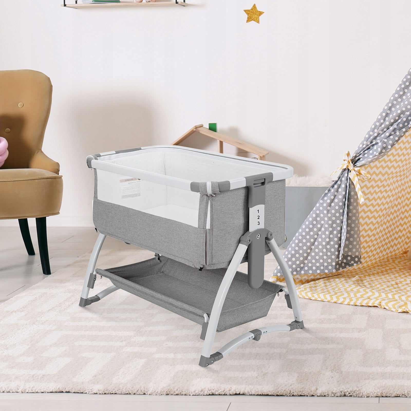 5-in-1 Baby Travel Cot and Bedside Sleeper, Adjustable 4 Heights, 66-82cm Product width 64 cm