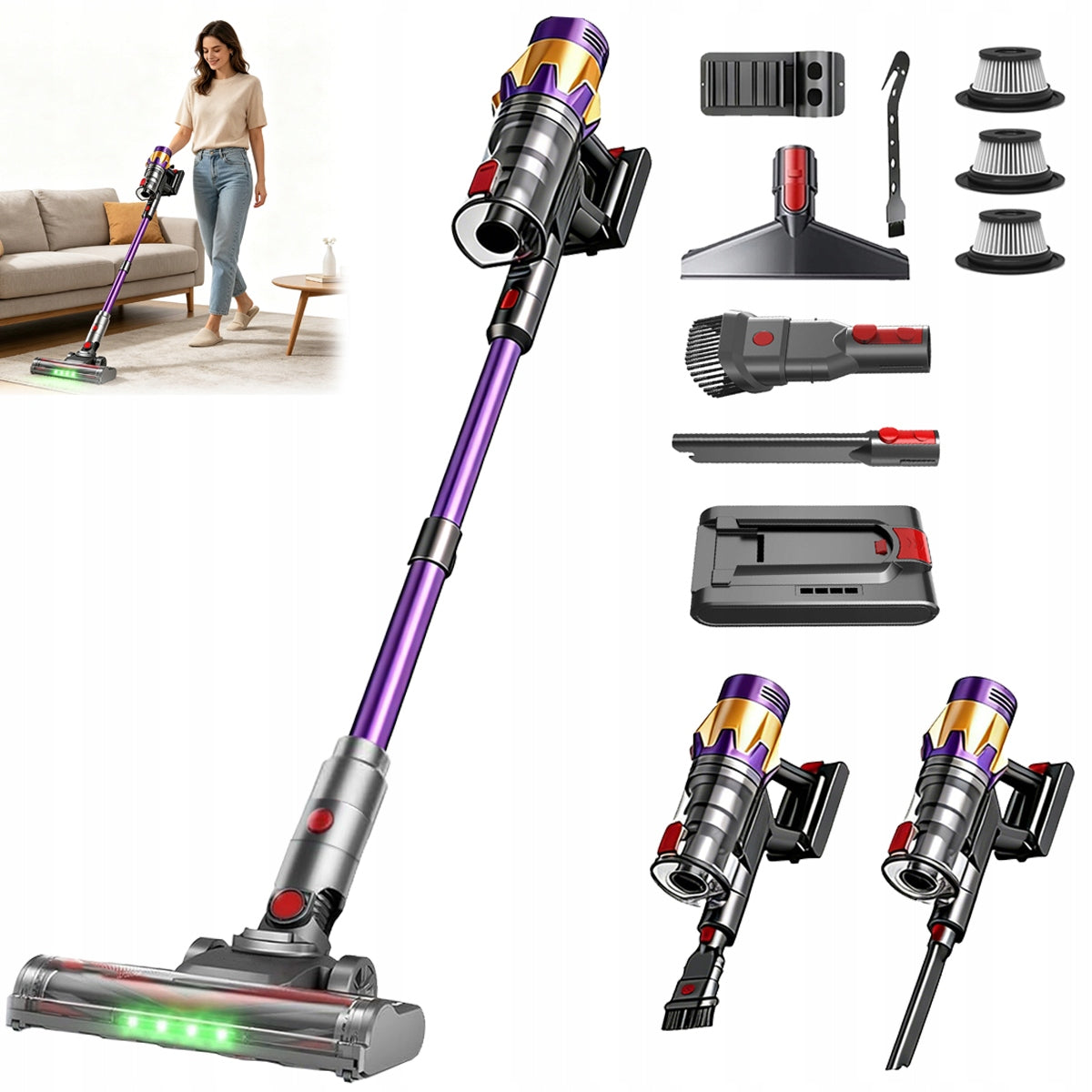 550W CORDLESS VACUUM CLEANER 45000PA VERTICAL HANDHELD LED 3 MODES FOR HAIR