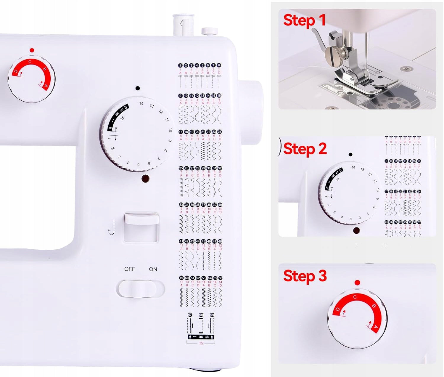 59 stitch sewing machine, foot pedal, LED, reverse sewing, accessories Model maszyny do szycia 59 zastosowań ściegów