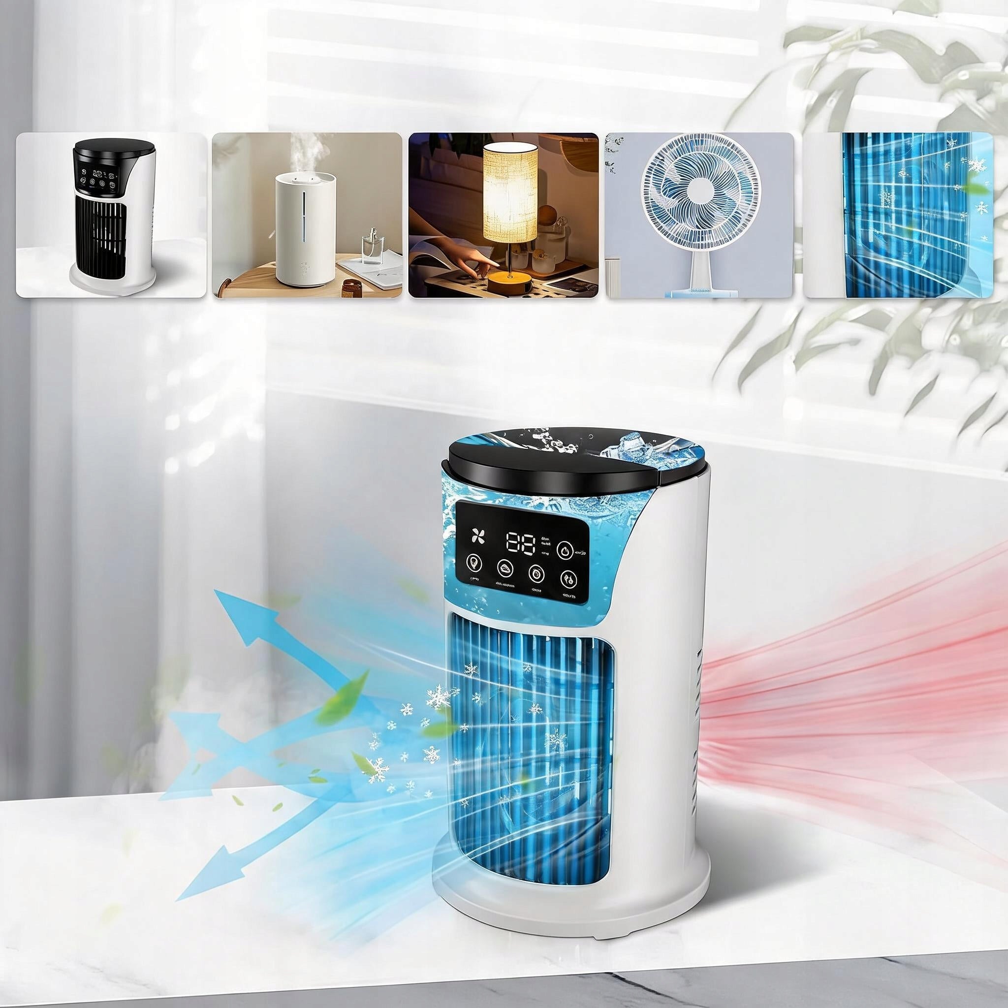 5IN1 COOLING FAN USB HUMIDIFYING AIR CONDITIONER WITH LED LIGHTS AND TIMER Dominant color white