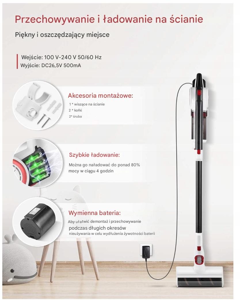 5in1 Cordless Upright Vacuum Cleaner 350W Power 26 kPa 2 Brushes Dominant color white