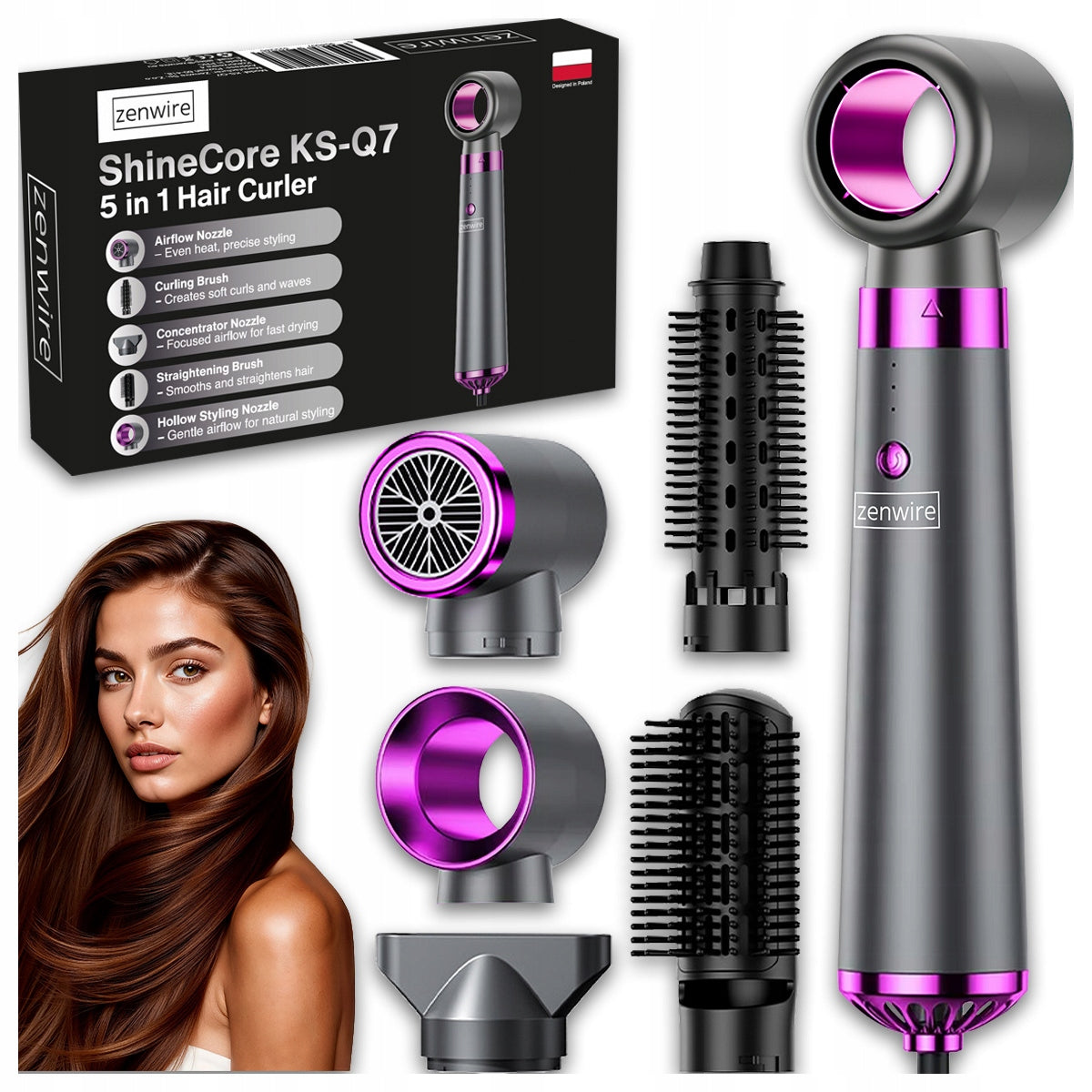 5in1 Hair Curler Dryer with Ionization Straightening Brush STRONG SET