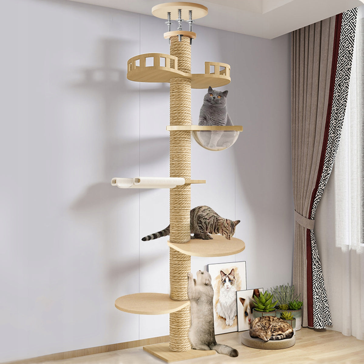 6 Tier, Floor to Ceiling Cat Tree, Height Adjustable Cat Tower