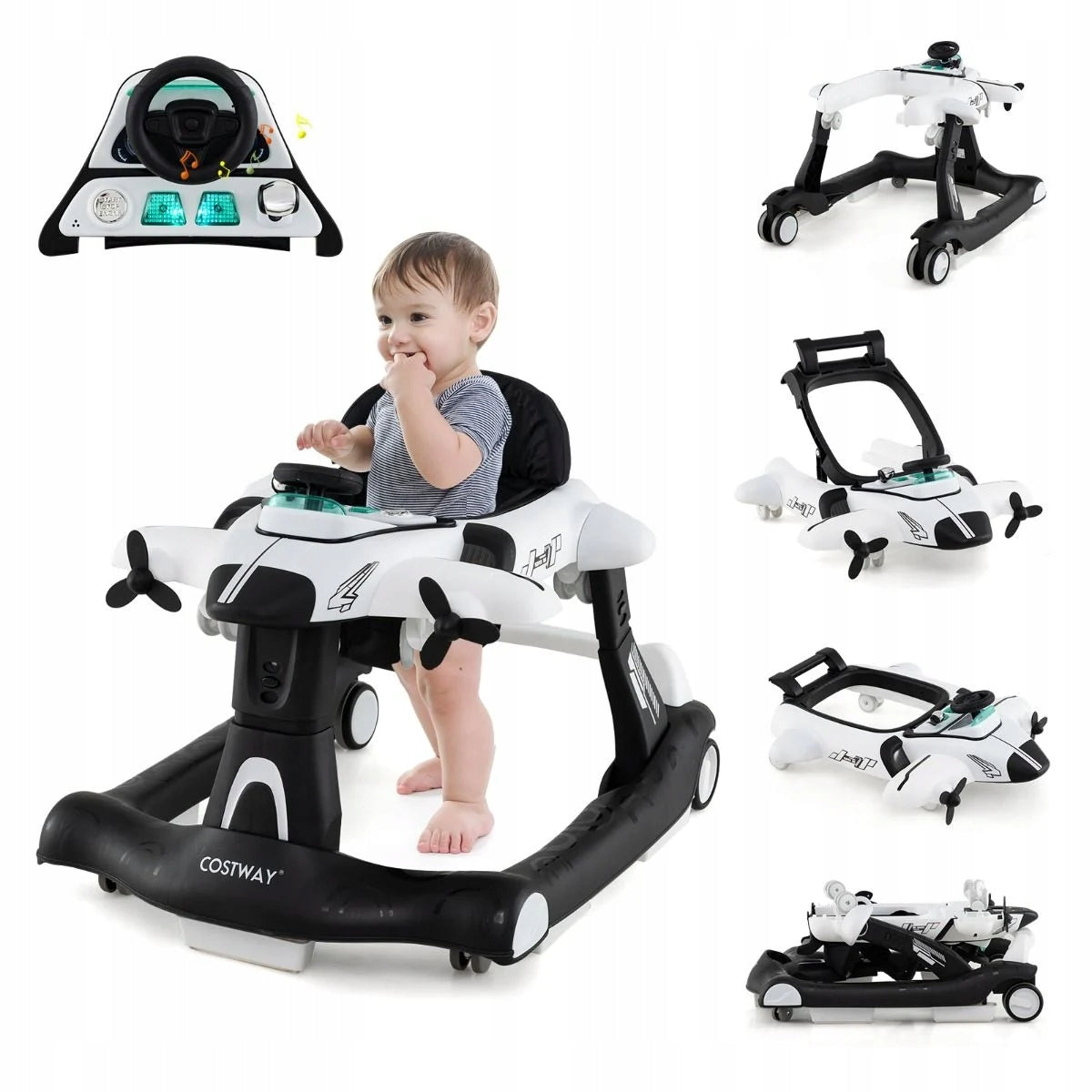 6 in 1 Height Adjustable Baby Walker Folding Walker White