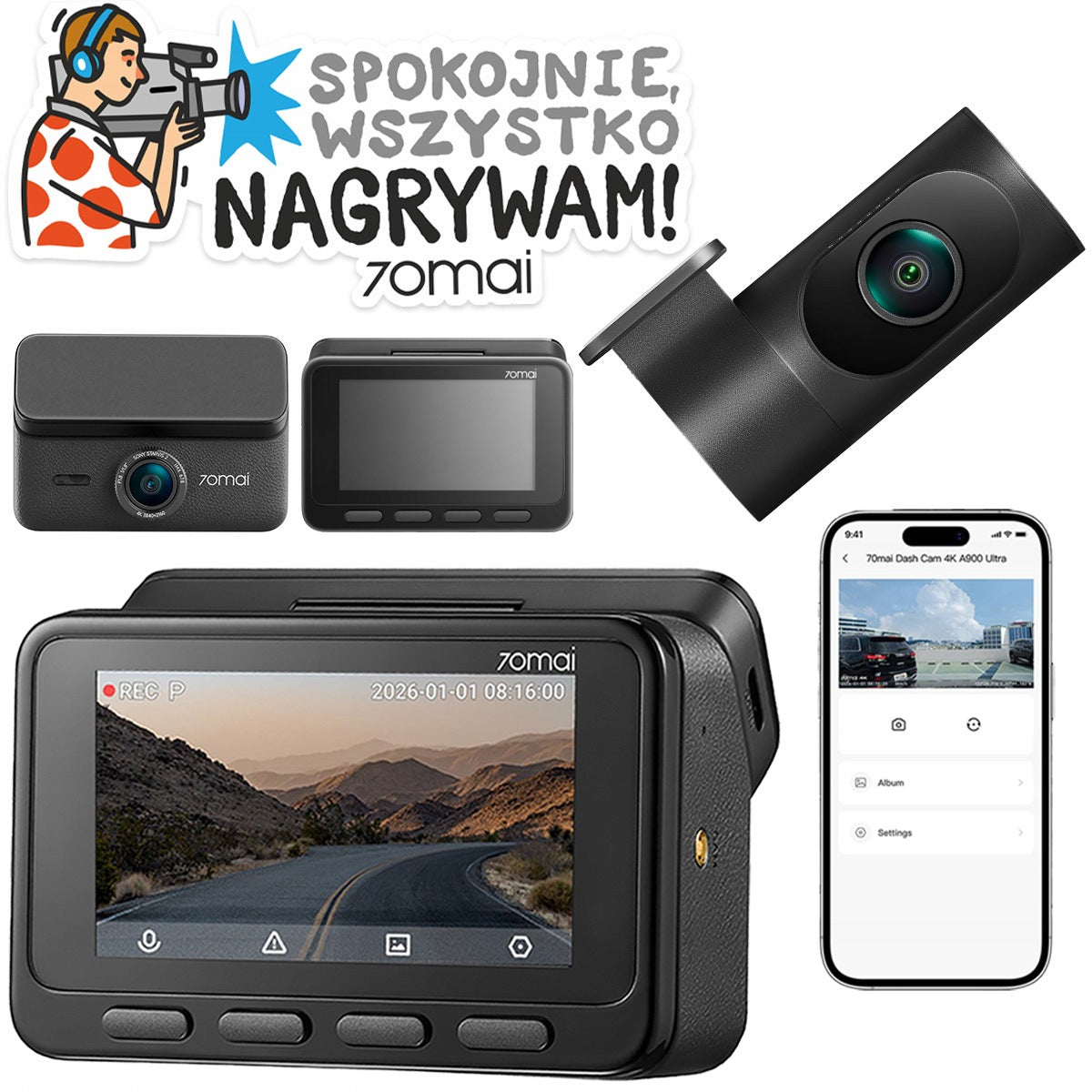 70mai 4K SET A900 Ultra Dash Cam + Rear RC43S