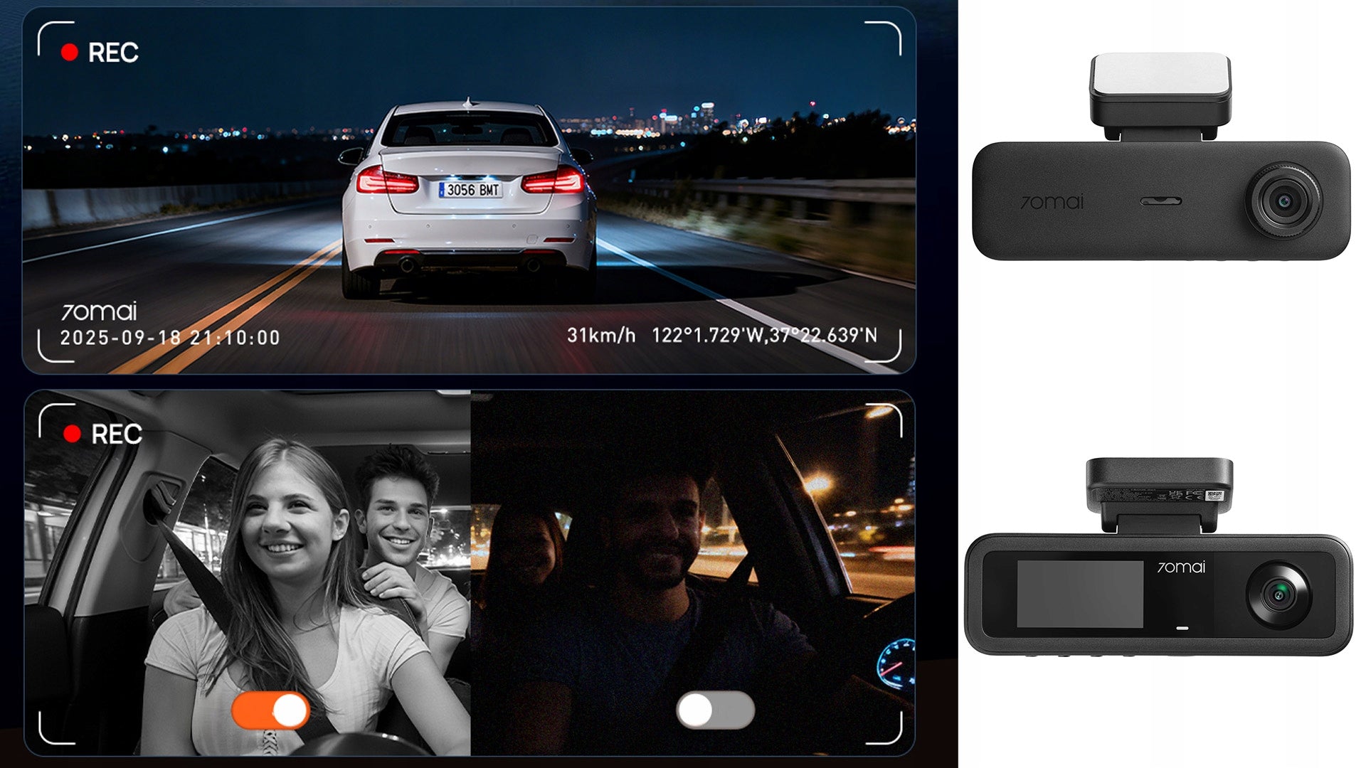 70mai Car camera QHD HDR SET T400 front and interior + rear RC21 Recording quality QHD (2560 x 1440)
