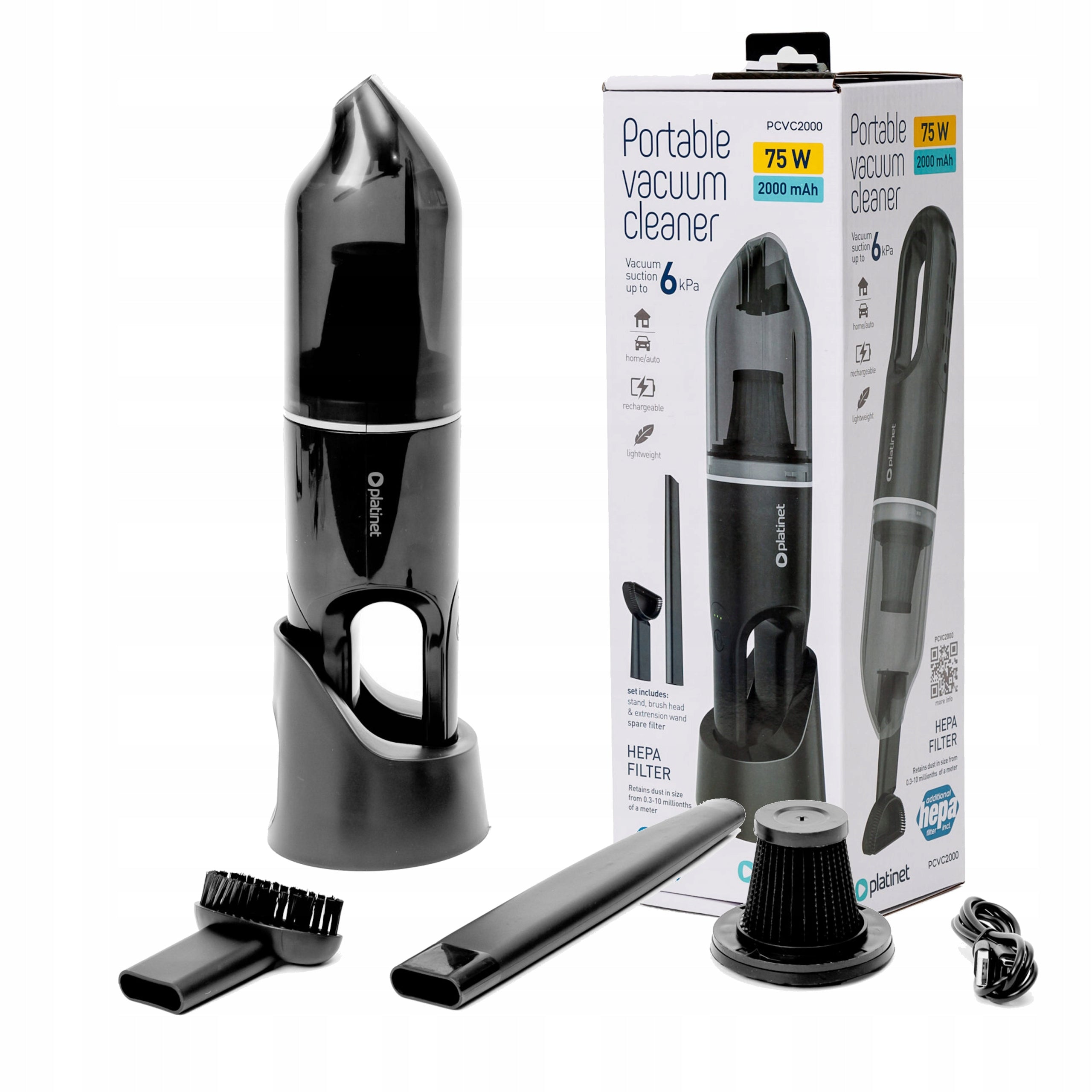 75W Cordless Car Vacuum Cleaner 2000mAh Rechargeable USB-C HEPA Filter