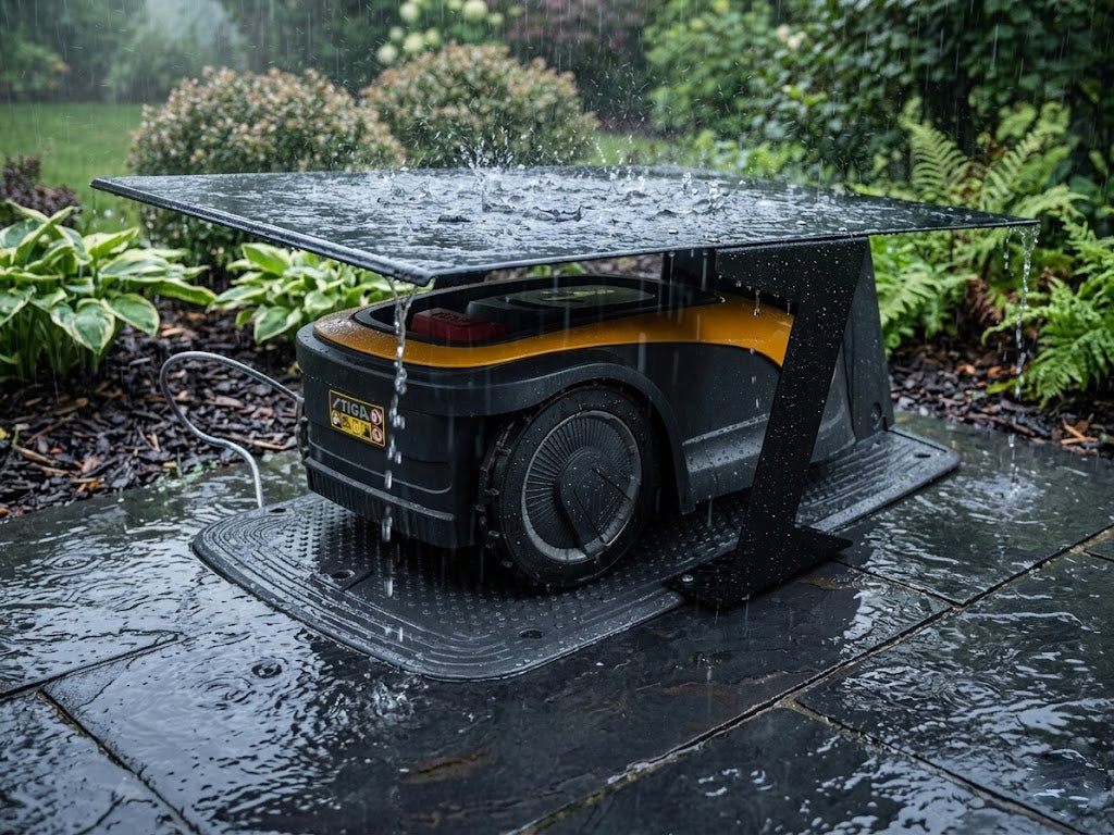 Žoliapjovės roboto garažo stogelis