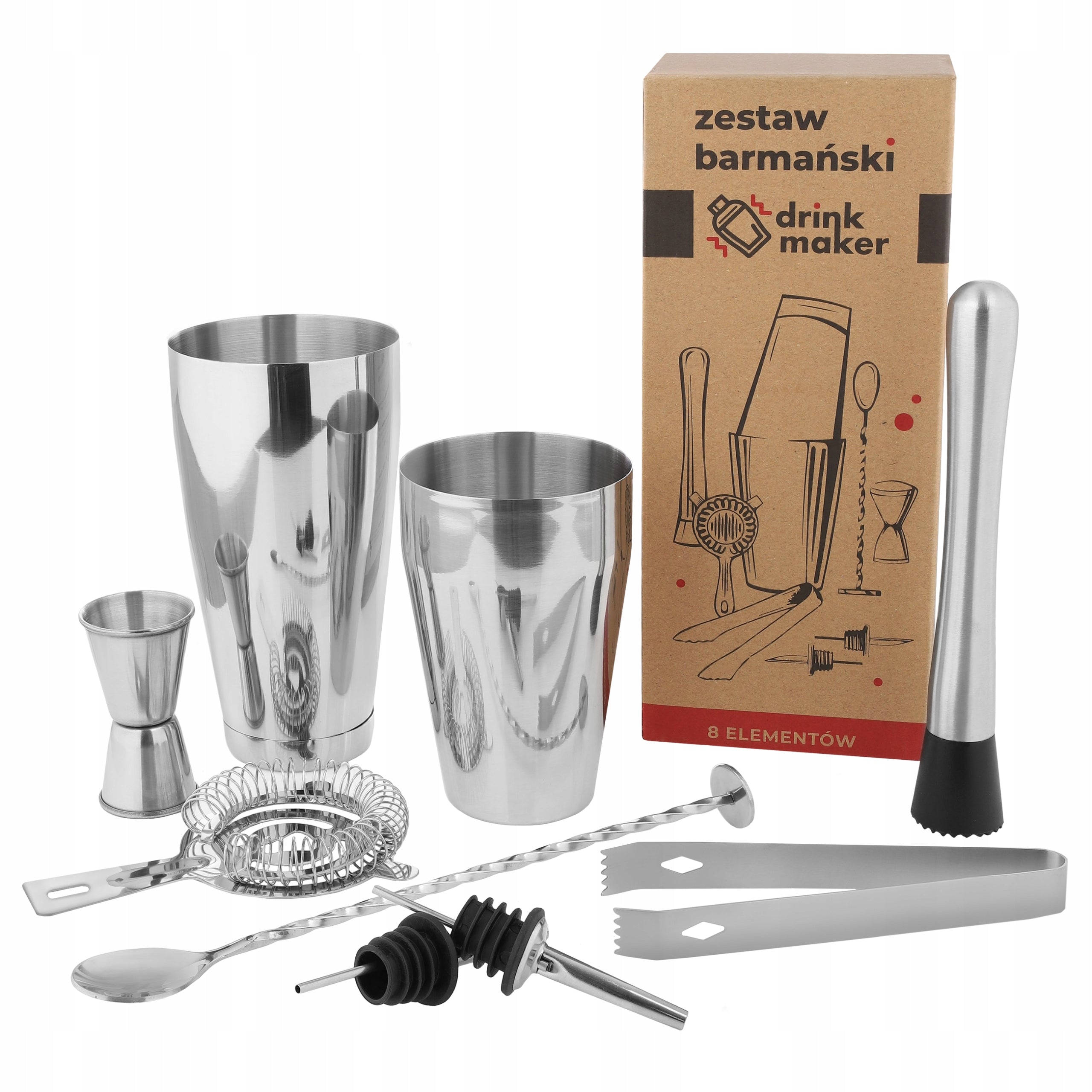 8 el. Shaker Tin-Tin Strainer Muddler Jigger Bartending Set