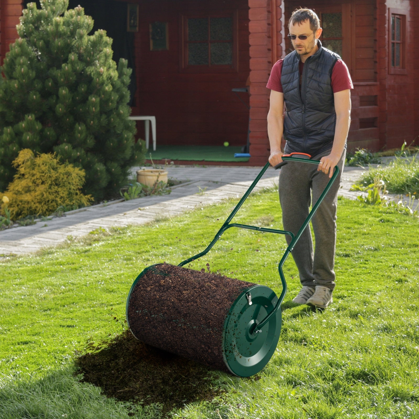 80L Compost Spreader with Side Closures and U-Shaped Handle, Green Brand Goplus