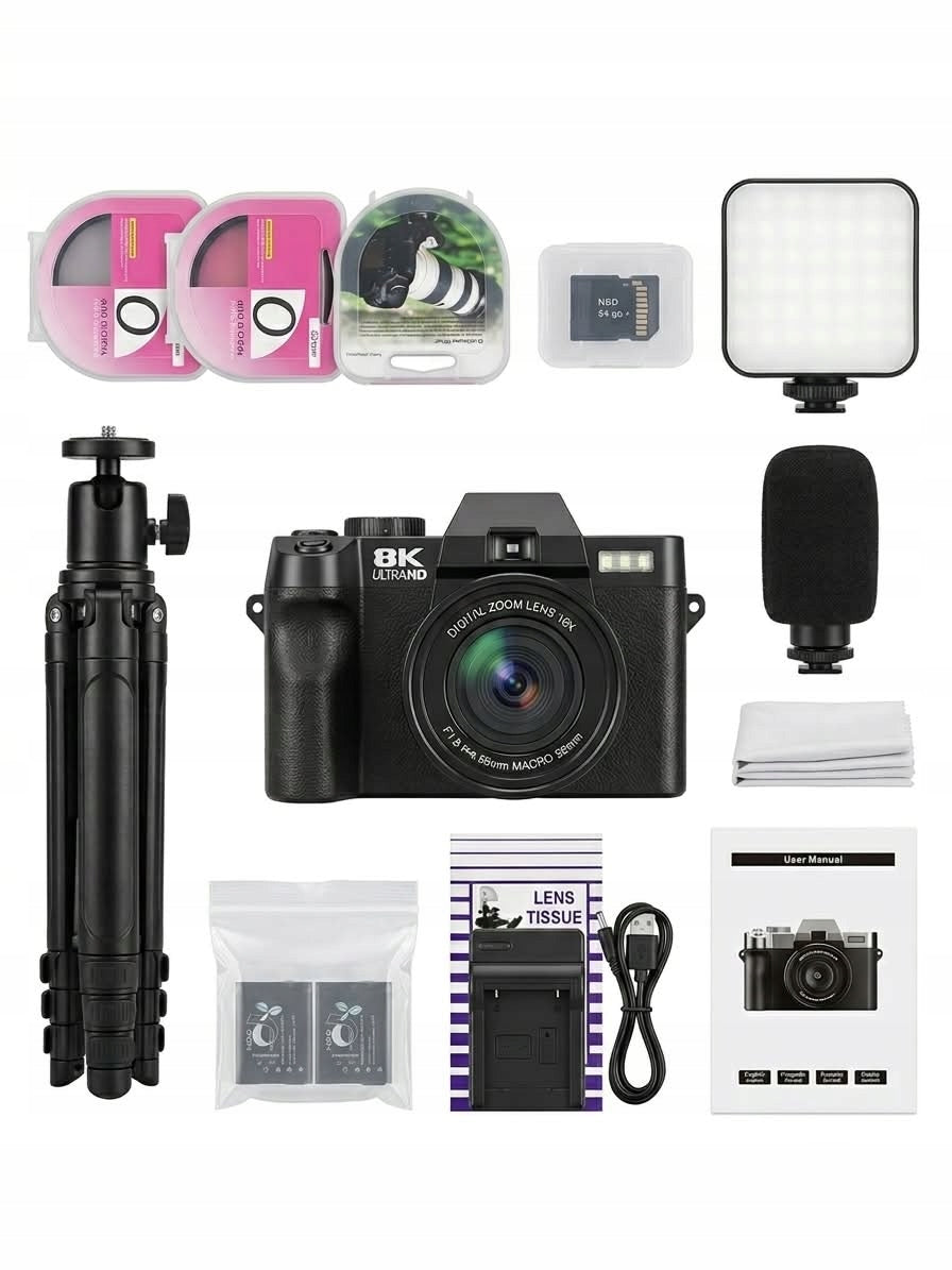 8K UltraHD Digital Camera + Tripod Microphone Lamp 2xAku 64GB