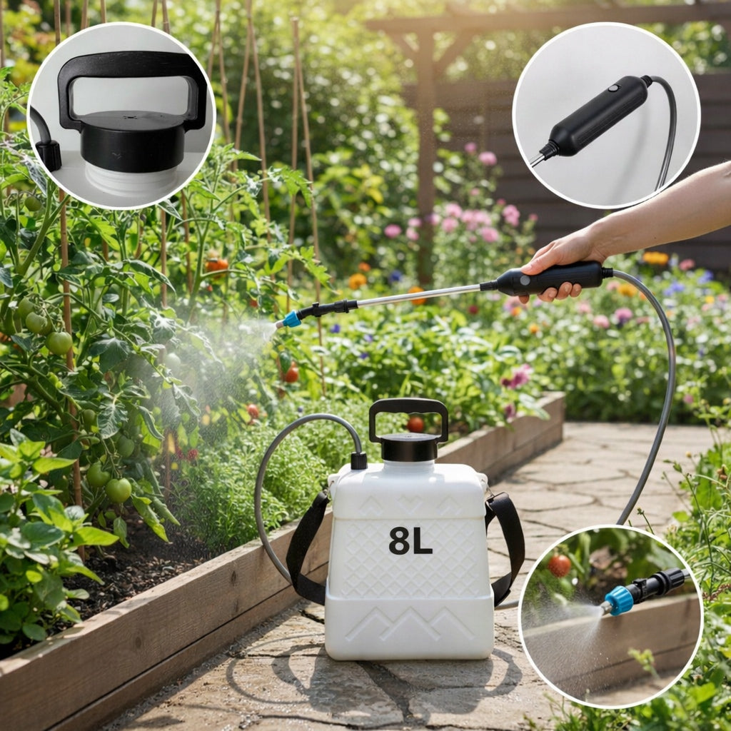 8L CORDLESS GARDEN SPRAYER ELECTRIC PORTABLE USB C 3 NOZZLES Power supply rechargeable battery