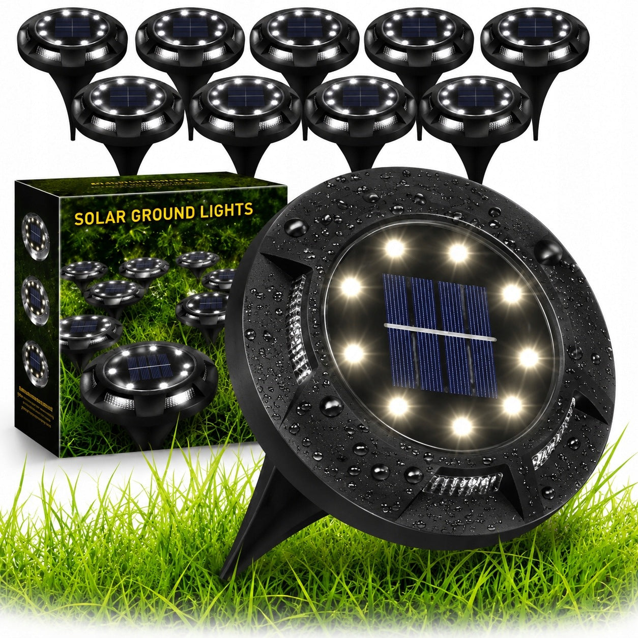 8x SOLAR LAMP HAMMERED GARDEN INRUN LED GROUND SILVER SET
