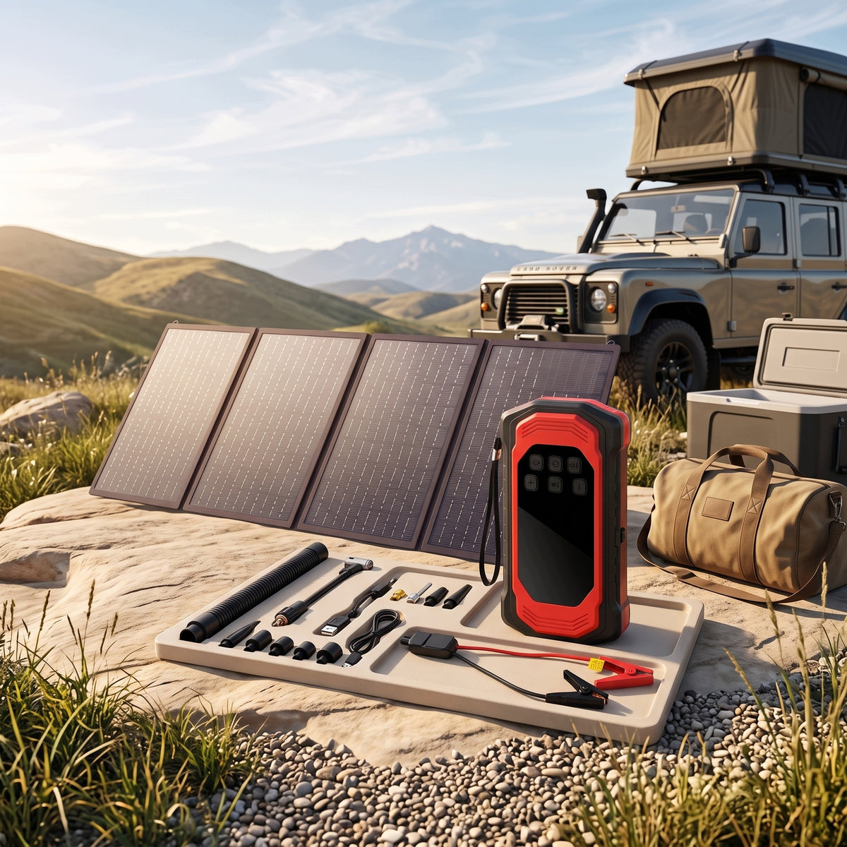 9-in-1 Jump Starter with 40W Solar, 9000A Inflator/Deflator 150PSI Air Pump Packaging status original