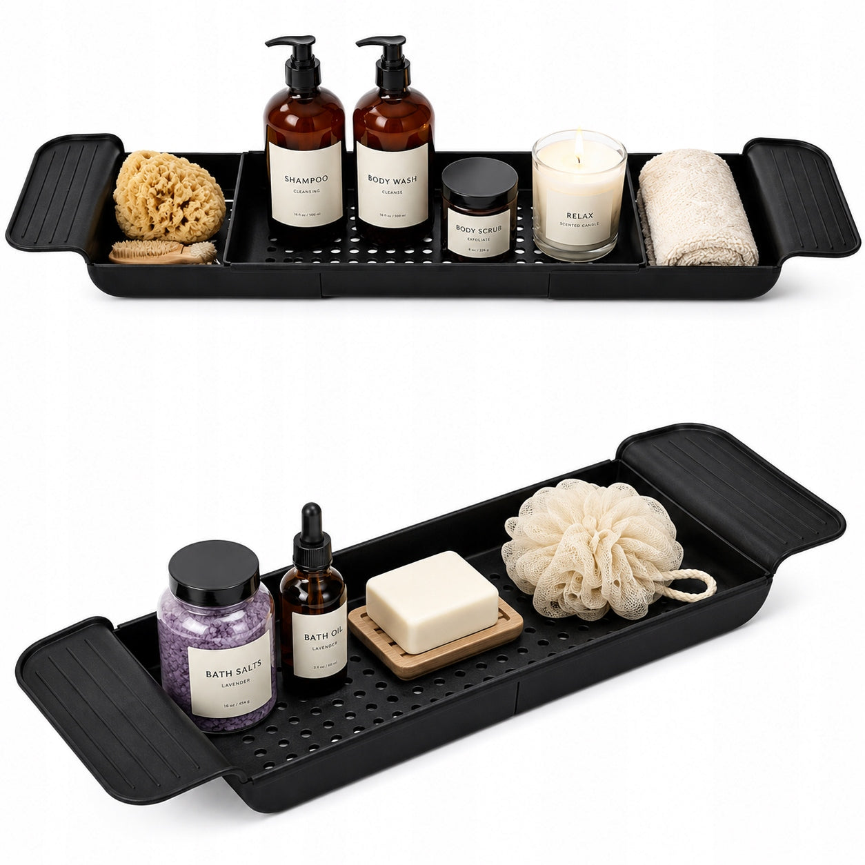 ADJUSTABLE BATHTUB SHELF BATHROOM TRAY ORGANIZER WITH DRAIN 56-79 BLACK