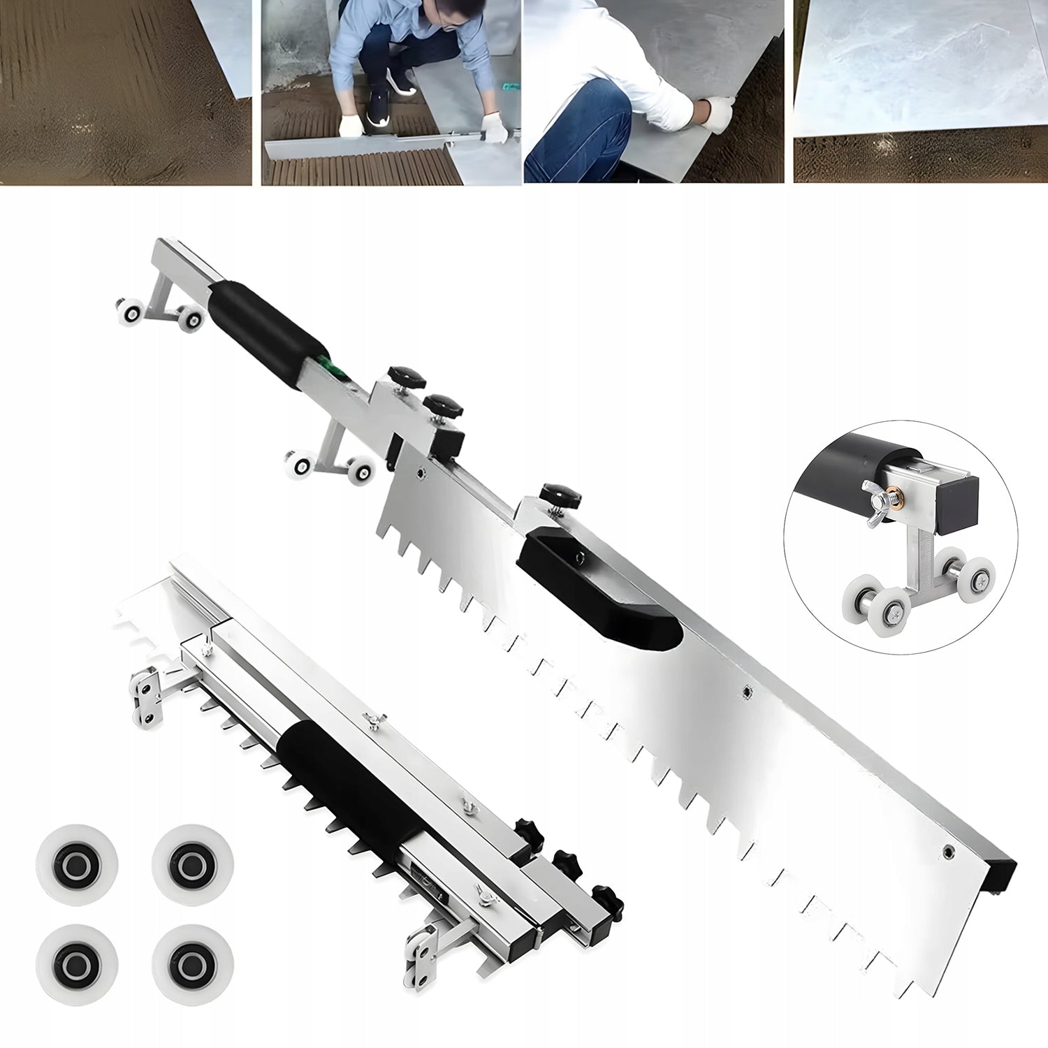 ADJUSTABLE TROWEL GEARED MORTAR COMB, LEVELING DEVICE