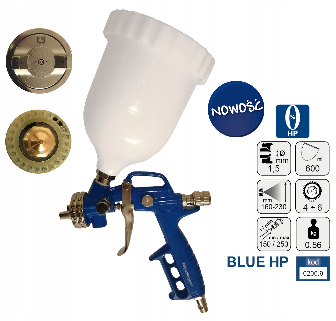 ADLER Paint Spray Gun BLUE HP 1.5mm upper tank 0206.9 Packaging status original