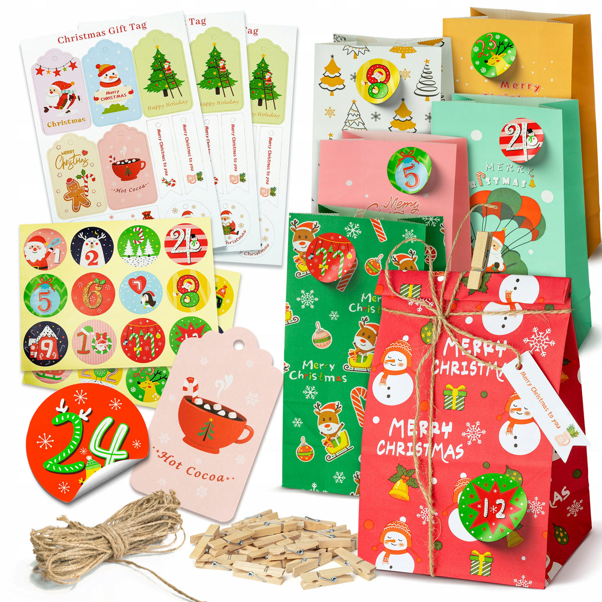 ADVENT CALENDAR PAPER BAGS FOR GIFT BUCKLES AND STICKERS 24PCS