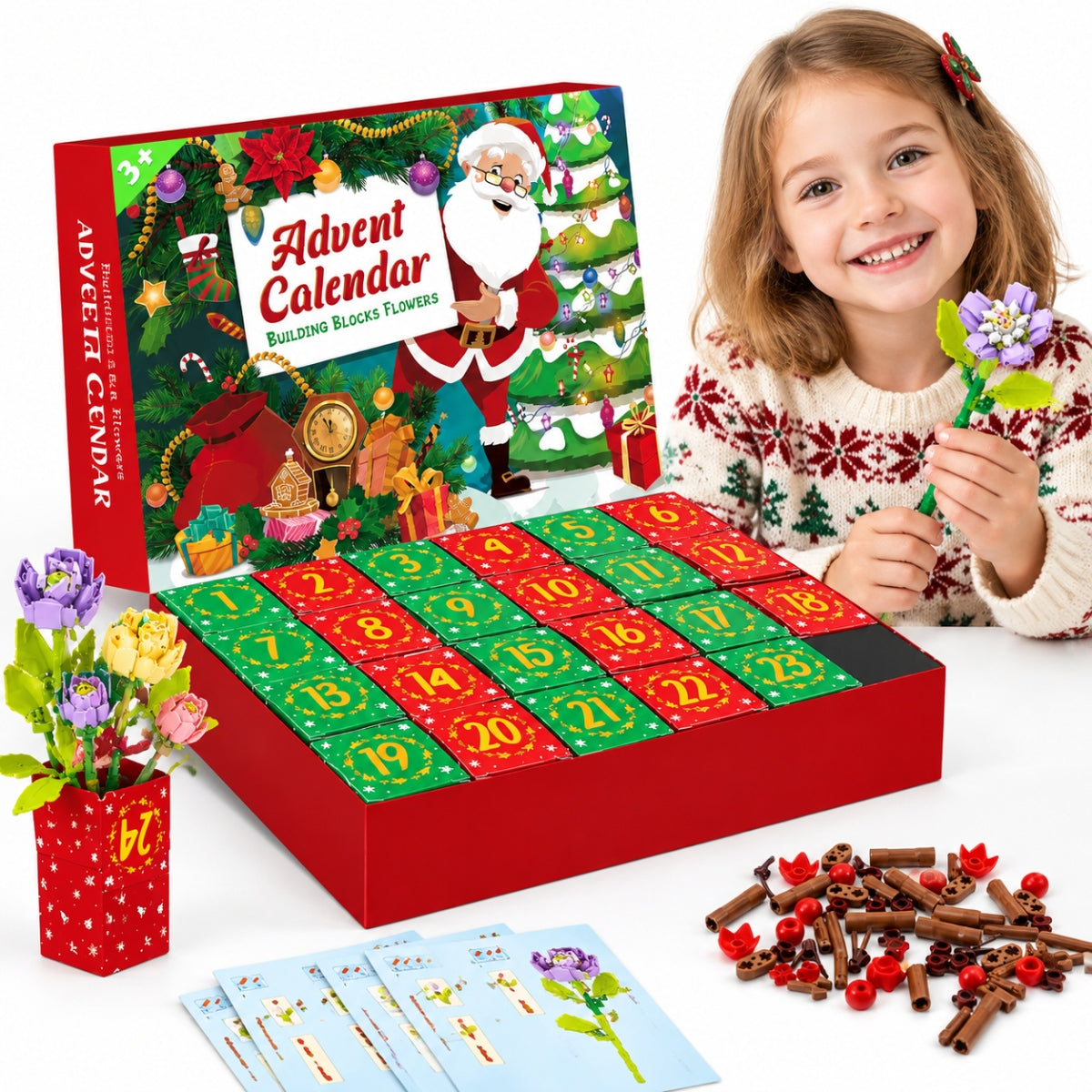 ADVENT CALENDAR SET BLOCKS FLOWERS 24 BUILDING BOXES GIFT