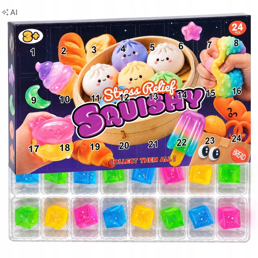 ADVENT CALENDAR SQUISHY SQUISHIES 24 windows SQUEEZE CUBES gift Packaging status original