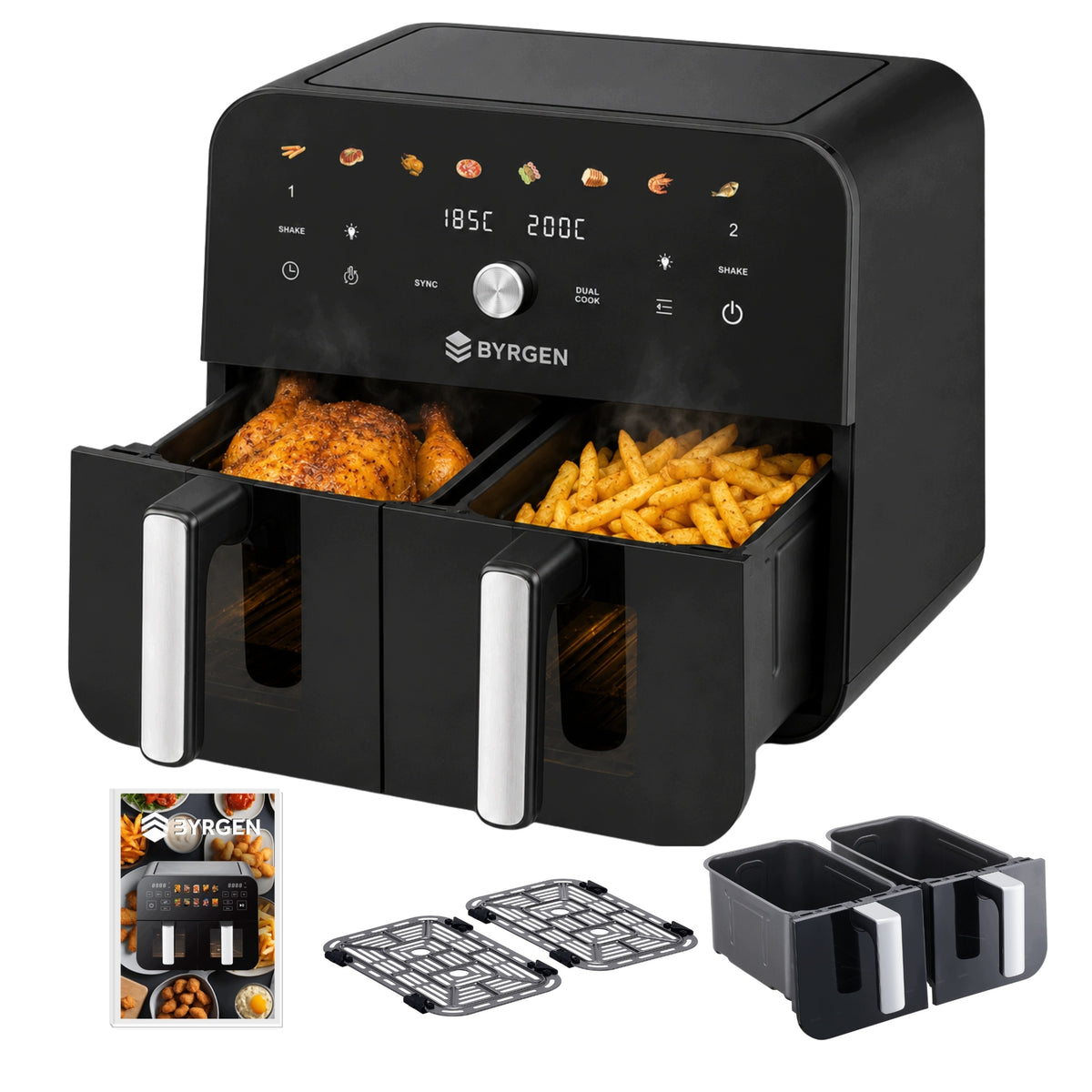 AIR FRYER BYRGEN 9L DUAL ZONE 2400W SYNC DUAL COOK 2 LED CHAMBERS 8 PROGRAMS