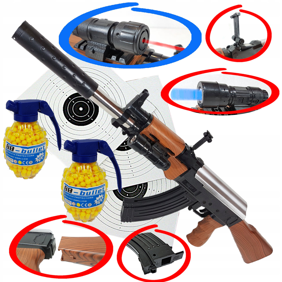 AK-47 KALASHNIKOV SPRING RIFLE ASG FOR BALLS+2 GRENADES 800 pcs.