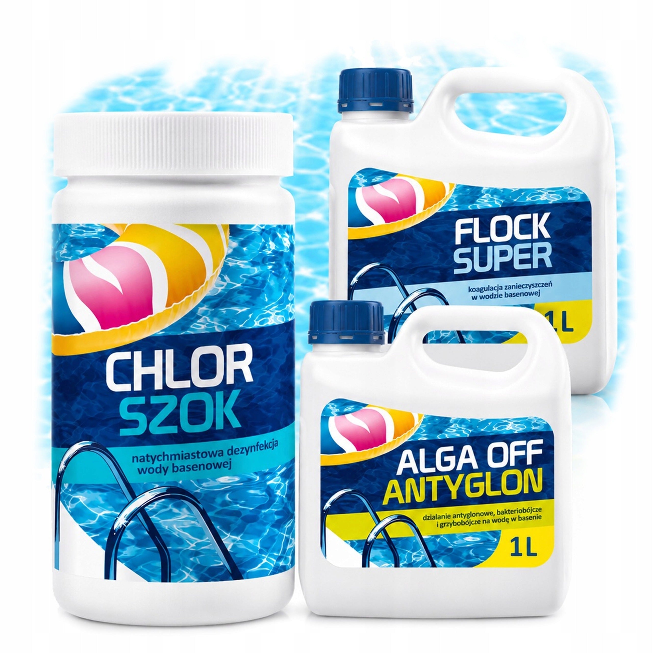 ALGA OFF ANTIGLONE 1L + CHLORINE SHOCK + SUPER FLOCK coagulant POOL CHEMICALS
