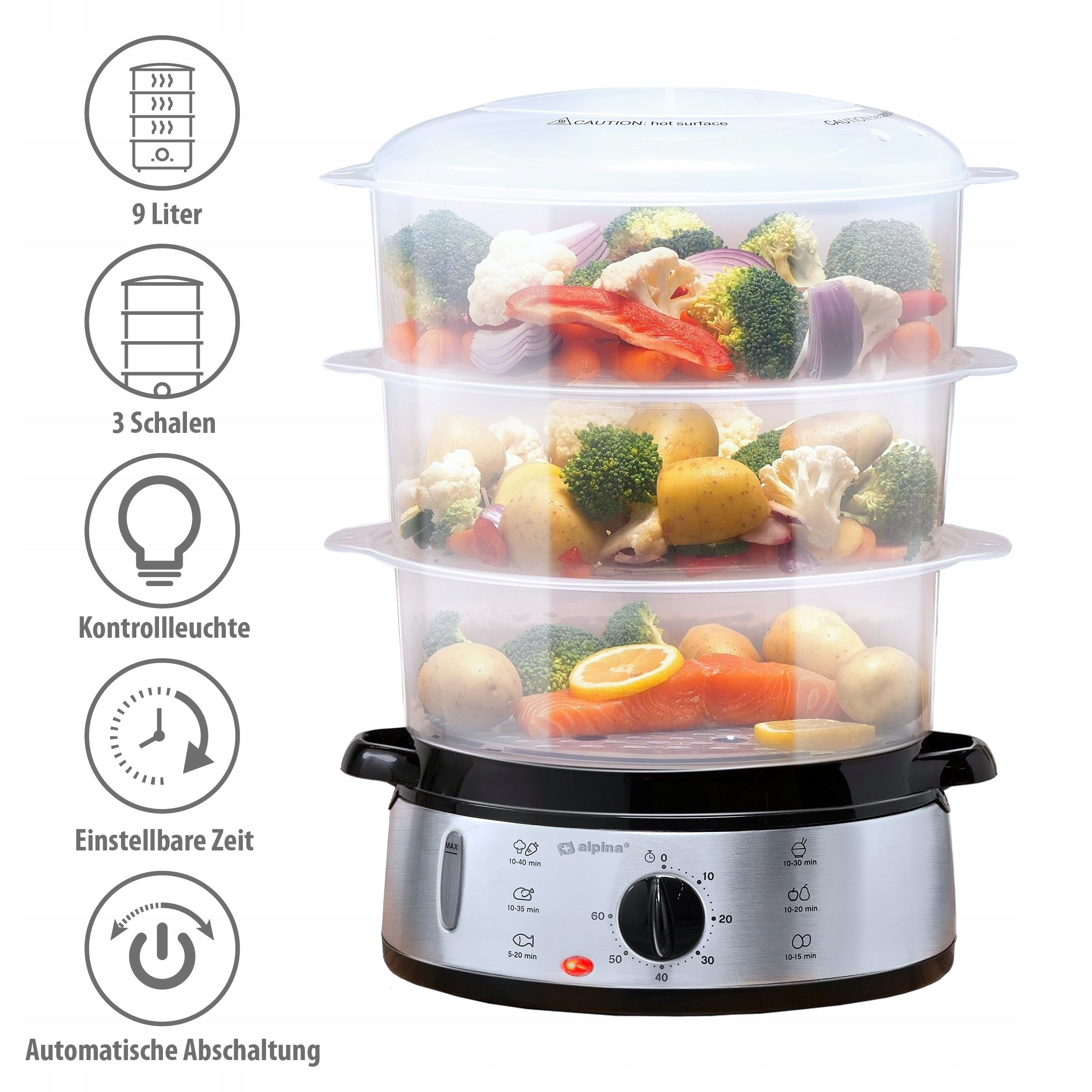 ALPINA Steamer 230V 800W 3 Levels BPA Free 9L Grey Plastic RVS Dominant color multicolor
