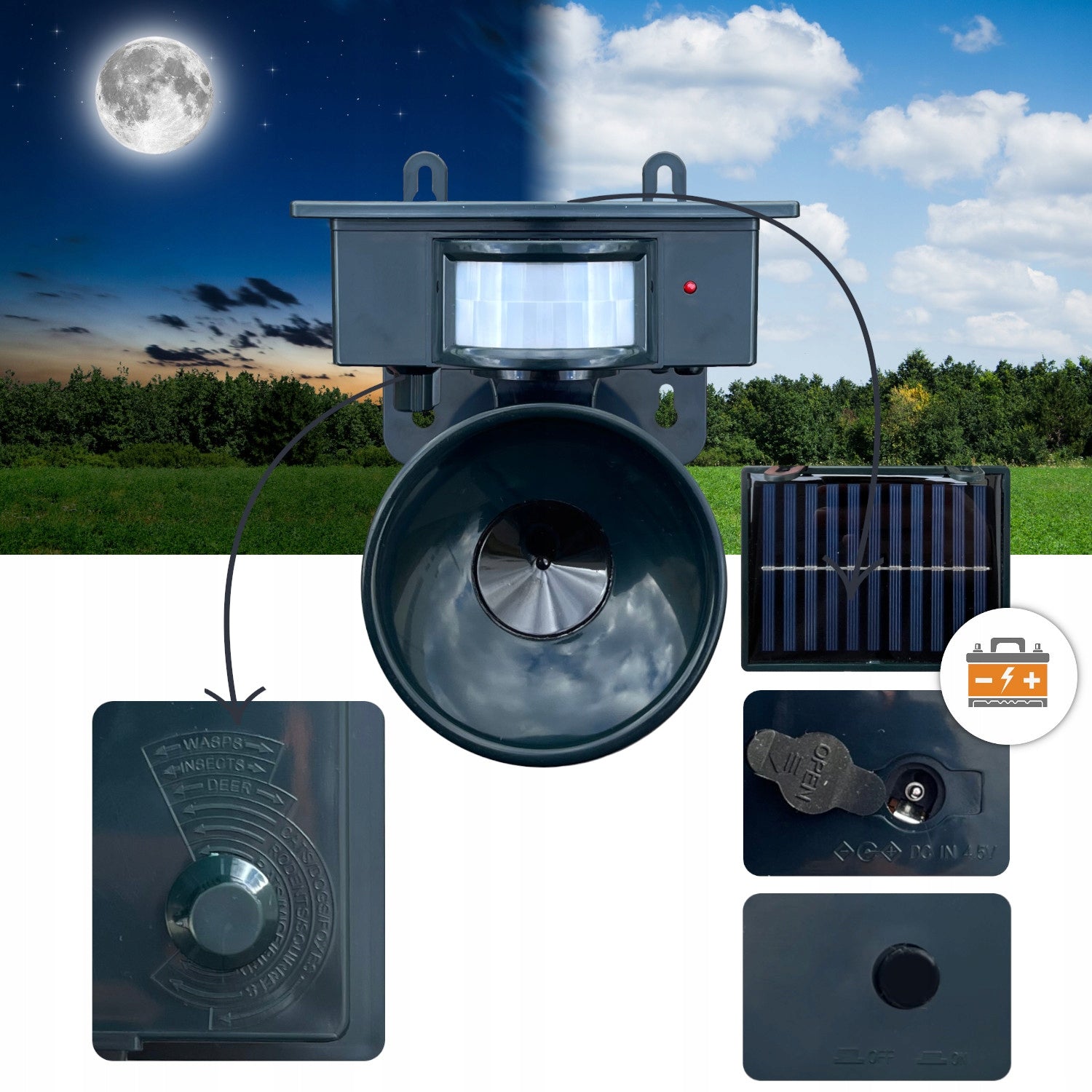 ANIMAL REPELLENT CAT BIRDS WILD MICE 10in1 + SOLAR BATTERY Certificates of conformity CE