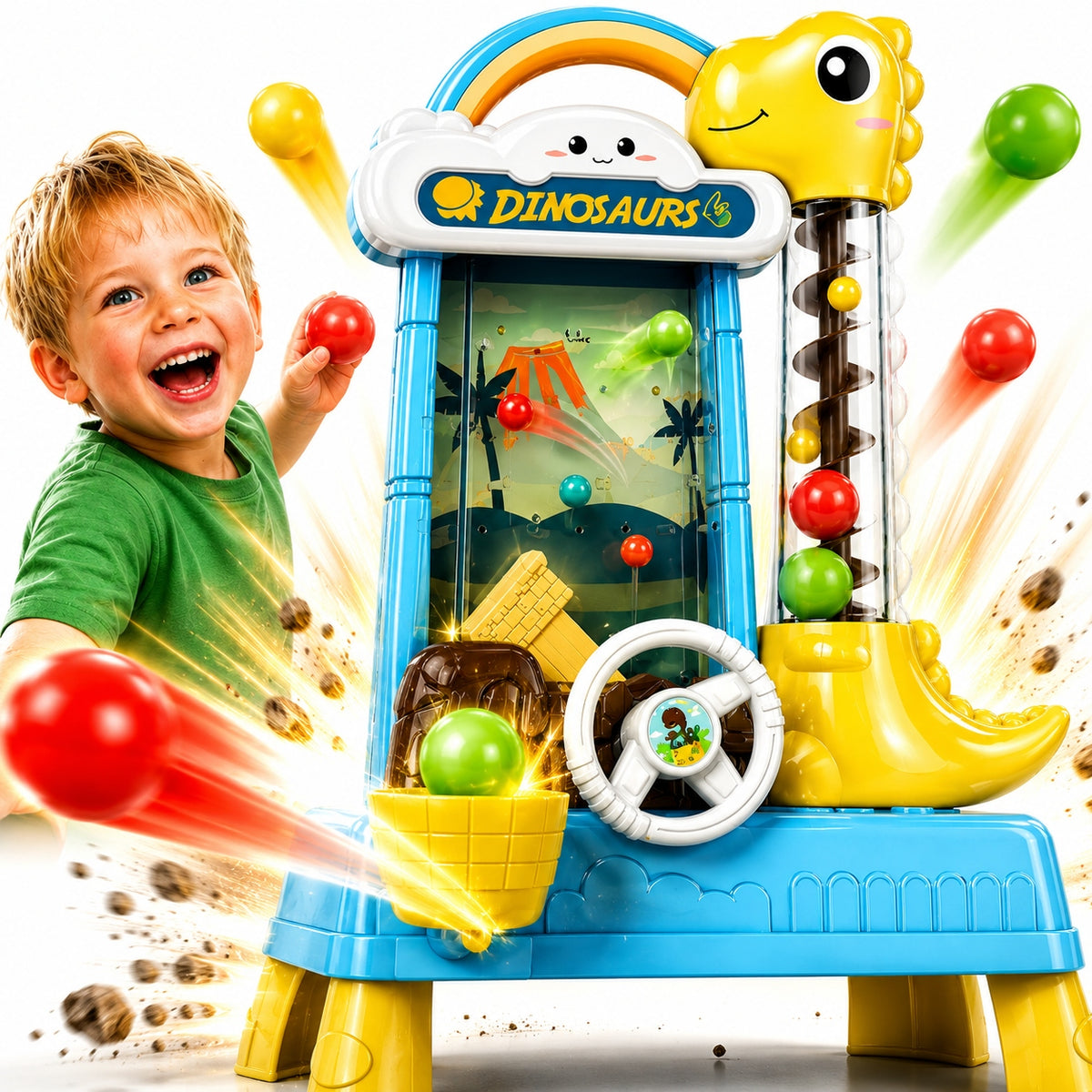 ARCADE GAME BALL CATCHER DINOSAUR AUTOMATIC STEERING WHEEL LED FOR GIFT