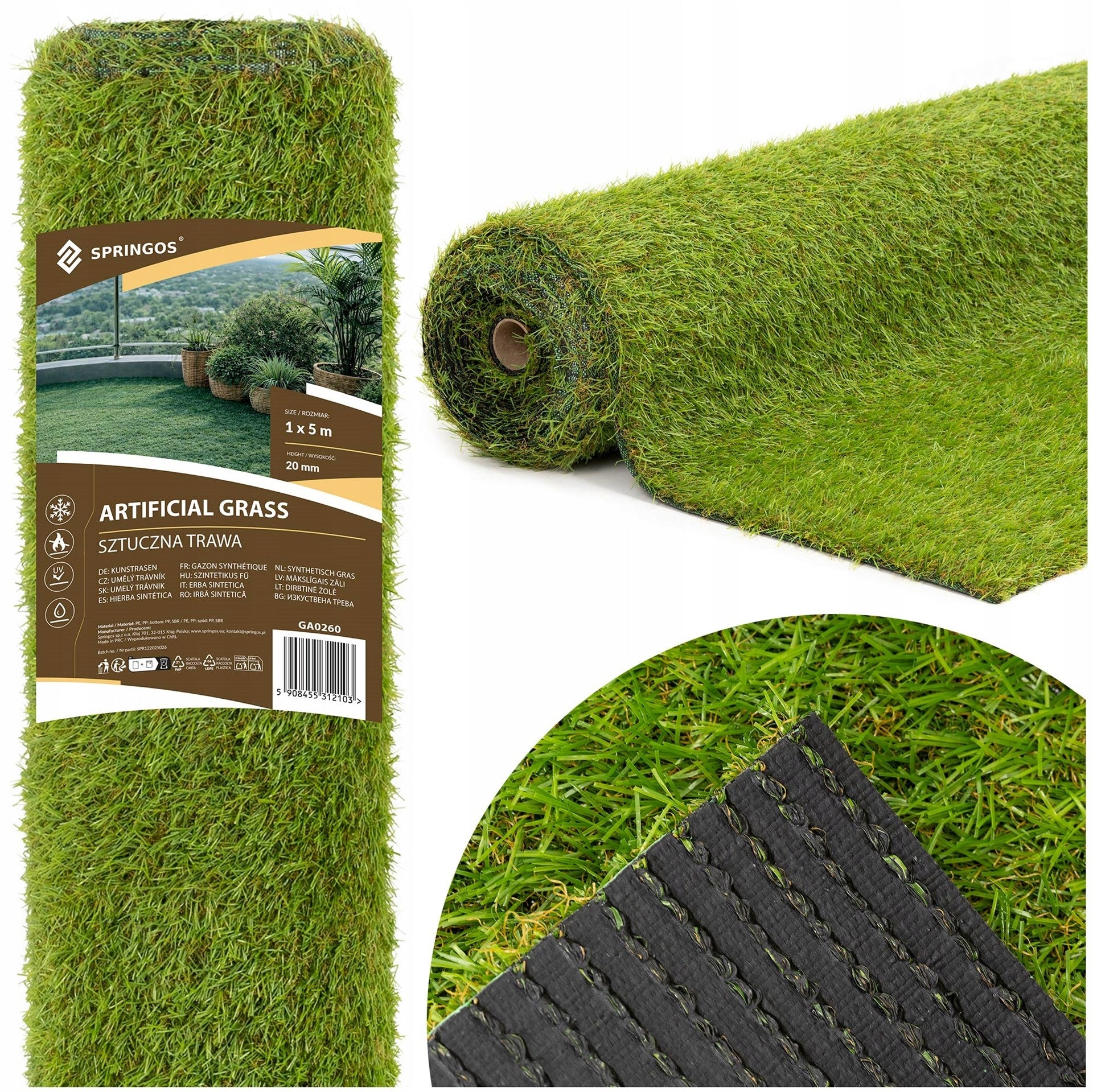 ARTIFICIAL GRASS 20mm GREEN ROLL CARPET 1x5 M BALCONY TERRACE GARDEN