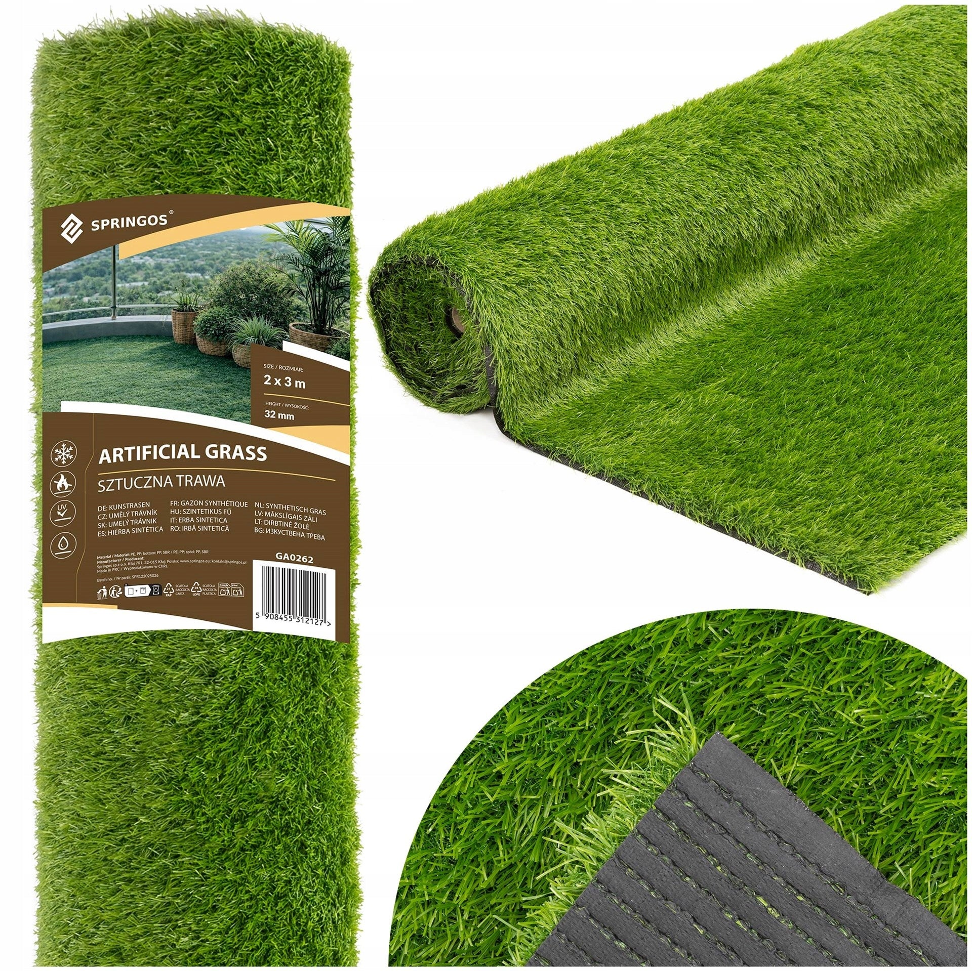 ARTIFICIAL GRASS 32mm GREEN ROLL CARPET 2x3 M BALCONY TERRACE GARDEN