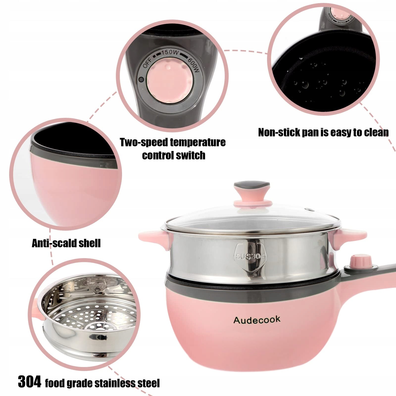 AUDECOOK Electric Pot 1,5L with Steamer Anti-Adhesive Multicooker Dominant color pink