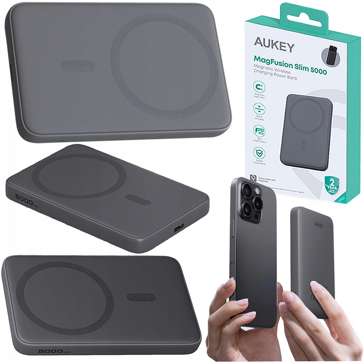 AUKEY Powerbank 5000mAh wireless charging for IPHONE Qi 15W + USB-C