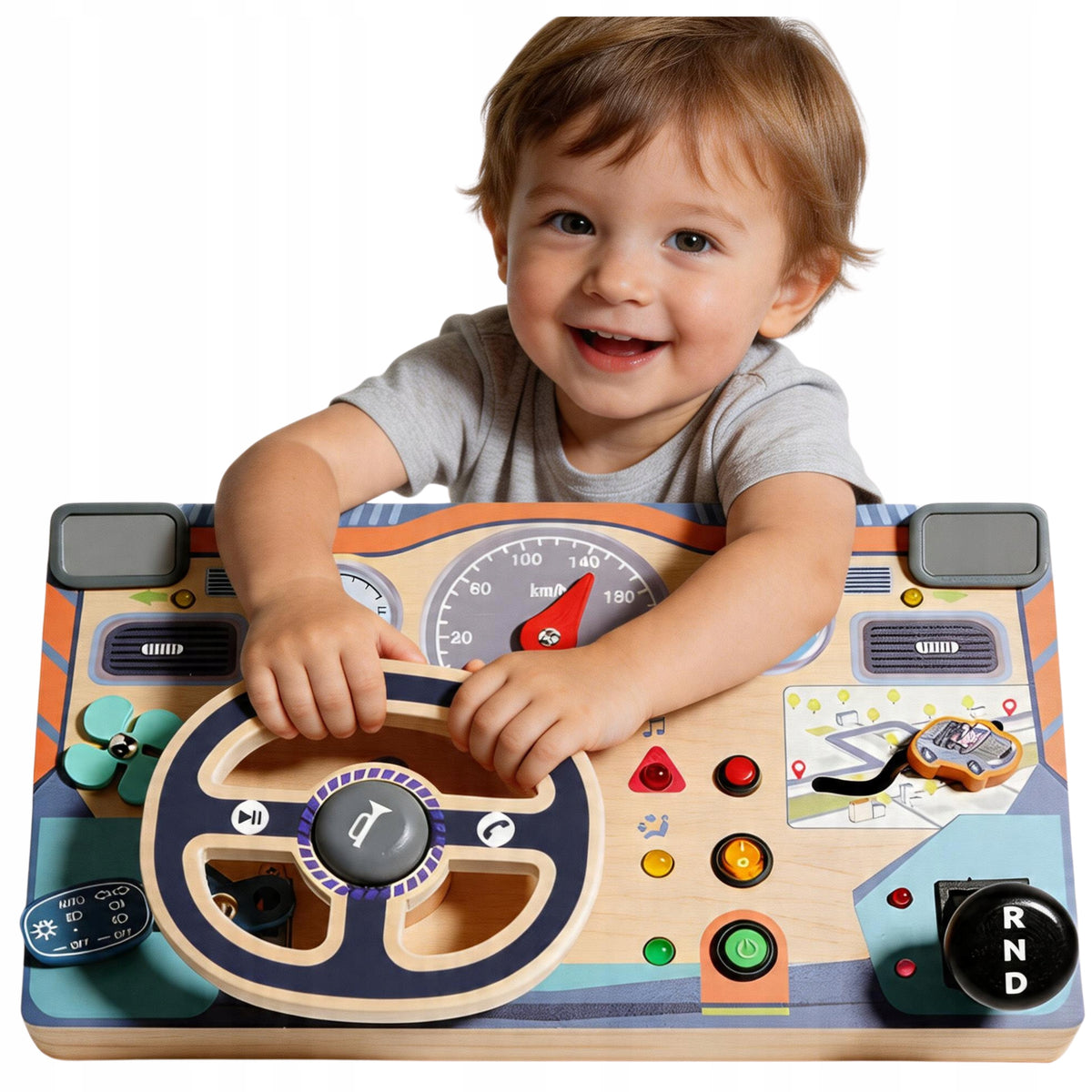 AUTO MANIPULATION BOARD WITH STEERING WHEEL WOODEN INTERACTIVE LED