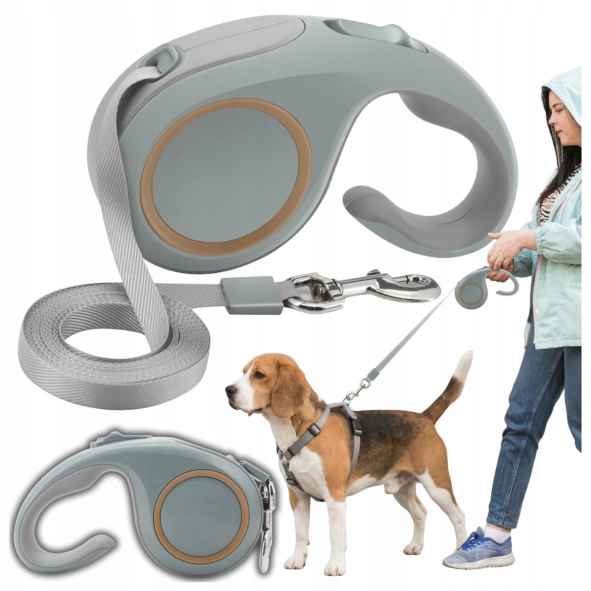 AUTOMATIC DOG LEASH Tape Long Strong Green Handle Rope Fazoo 3m