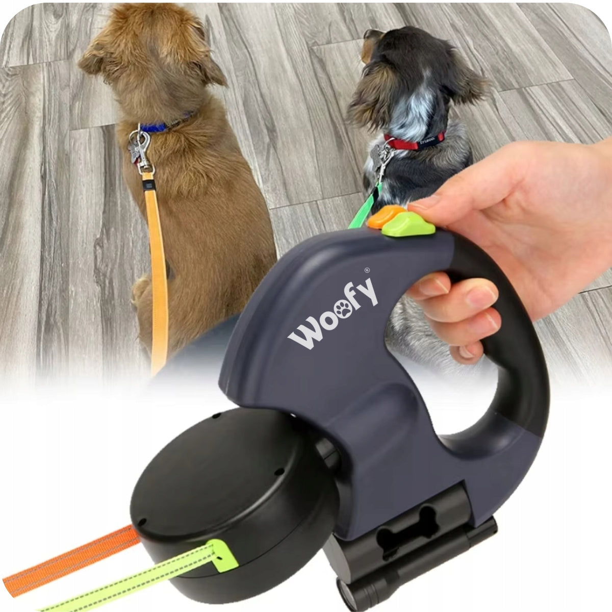 AUTOMATIC DOUBLE LEASH FOR TWO DOGS WITH FLASHLIGHT REFLECTIVE TAPE 3M Brand Woofy