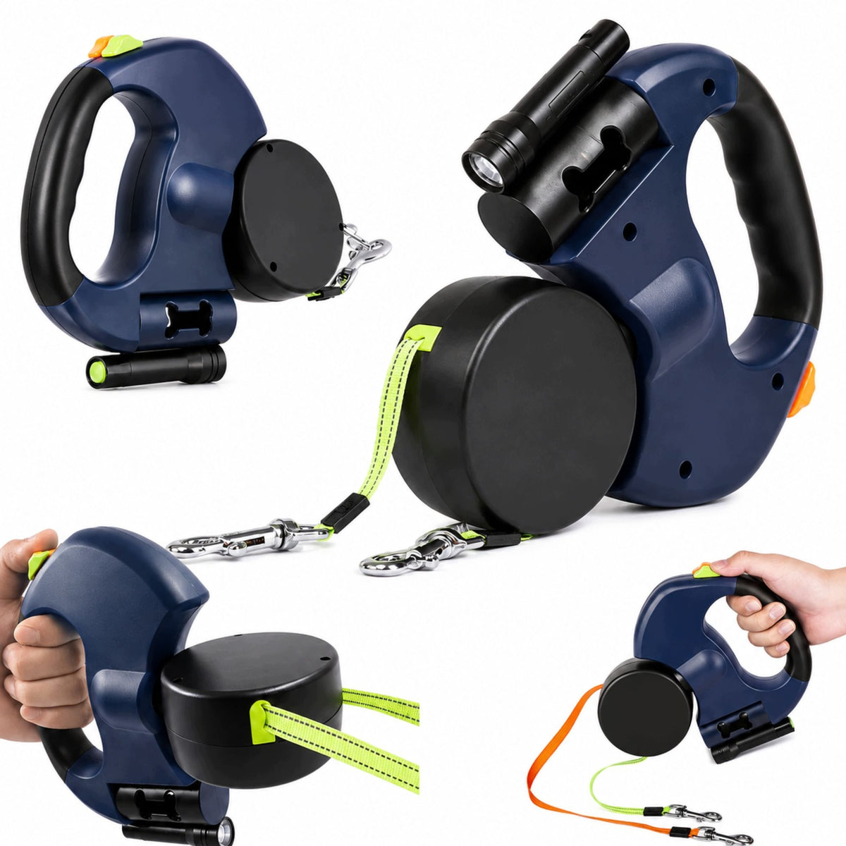 AUTOMATIC DOUBLE LEASH FOR TWO DOGS WITH FLASHLIGHT REFLECTIVE TAPE 3M Manufacturer code 08016