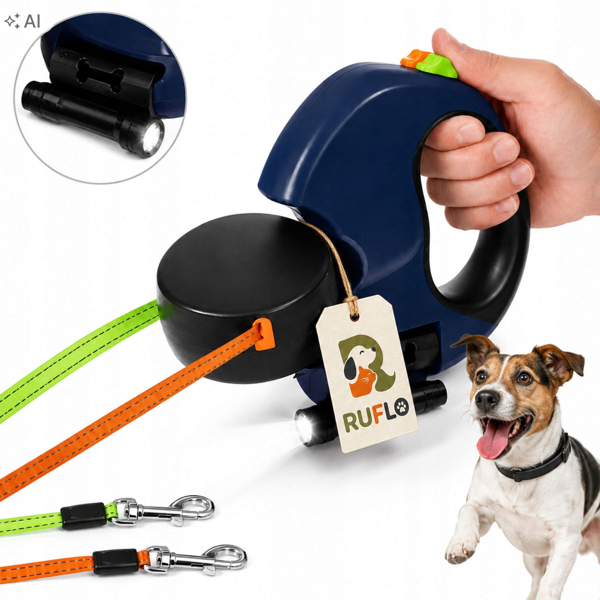 AUTOMATIC DOUBLE LEASH FOR TWO DOGS WITH FLASHLIGHT REFLECTIVE TAPE 3M