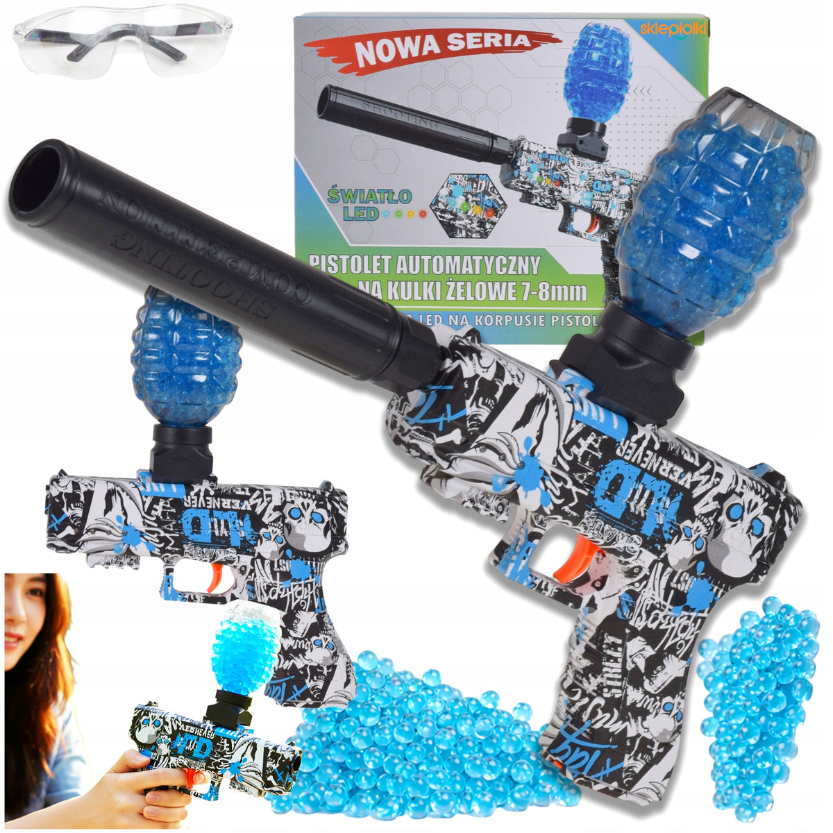 AUTOMATIC GUN FOR WATER GEL BALLS LARGE SET SILENCER 500 LED BALLS Packaging status original