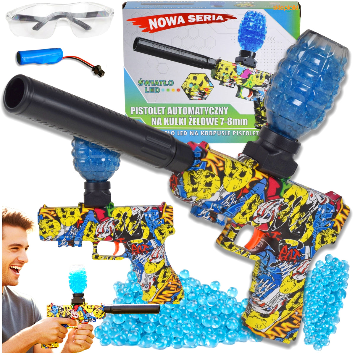 AUTOMATIC GUN FOR WATER GEL BALLS LARGE SET SILENCER 500 LED BALLS